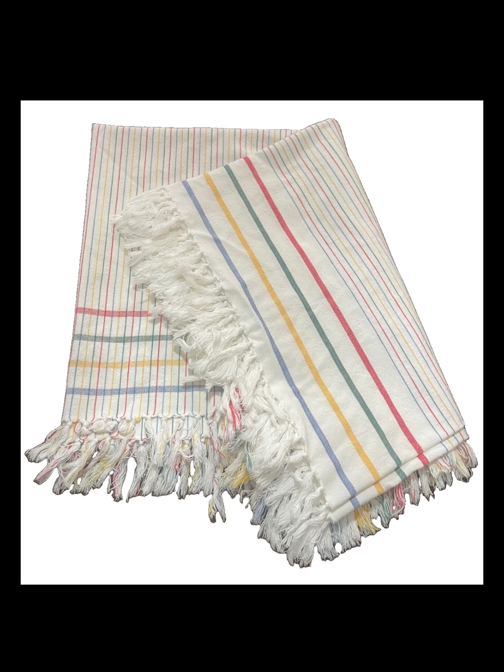 Vintage Striped Fringe Tablecloth 48x64 Multicolor Woven Farmhouse Cottage Decor